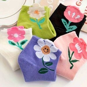 5 Pr Ankle Socks Cotton Blend W Flowers